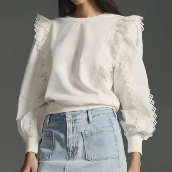 Anthropologie Ruffled Boho Eyelet White 100% Cotton Sweatshirt XS Fall - Picture 1 of 8